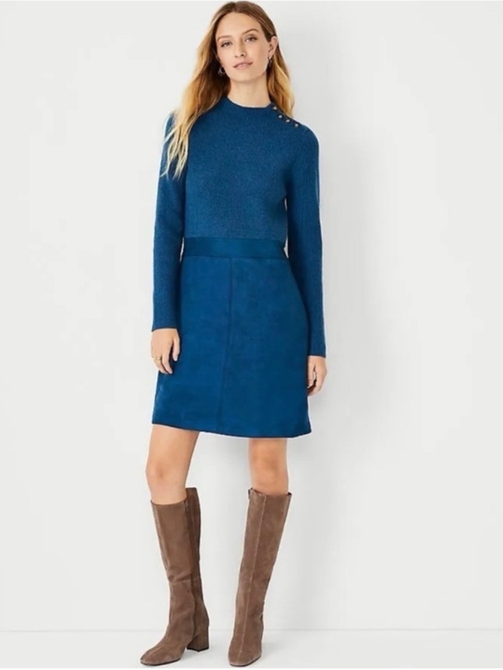 Ann Taylor Mock Neck Ribbed Knit & Suede A-Line Dress | Rich Blue | Size Small